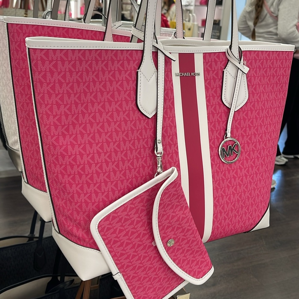 Michael Kors Eva Large Signature Logo Stripe Tote Bag Dragonfruit 
NWT - Picture 2 of 16